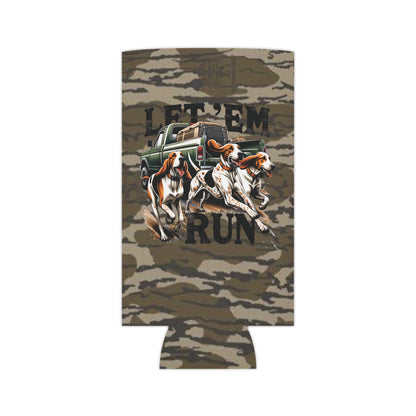 Let ‘Em Run Dog Hunting Bottomland Camo Regular or Slim Can Koozie