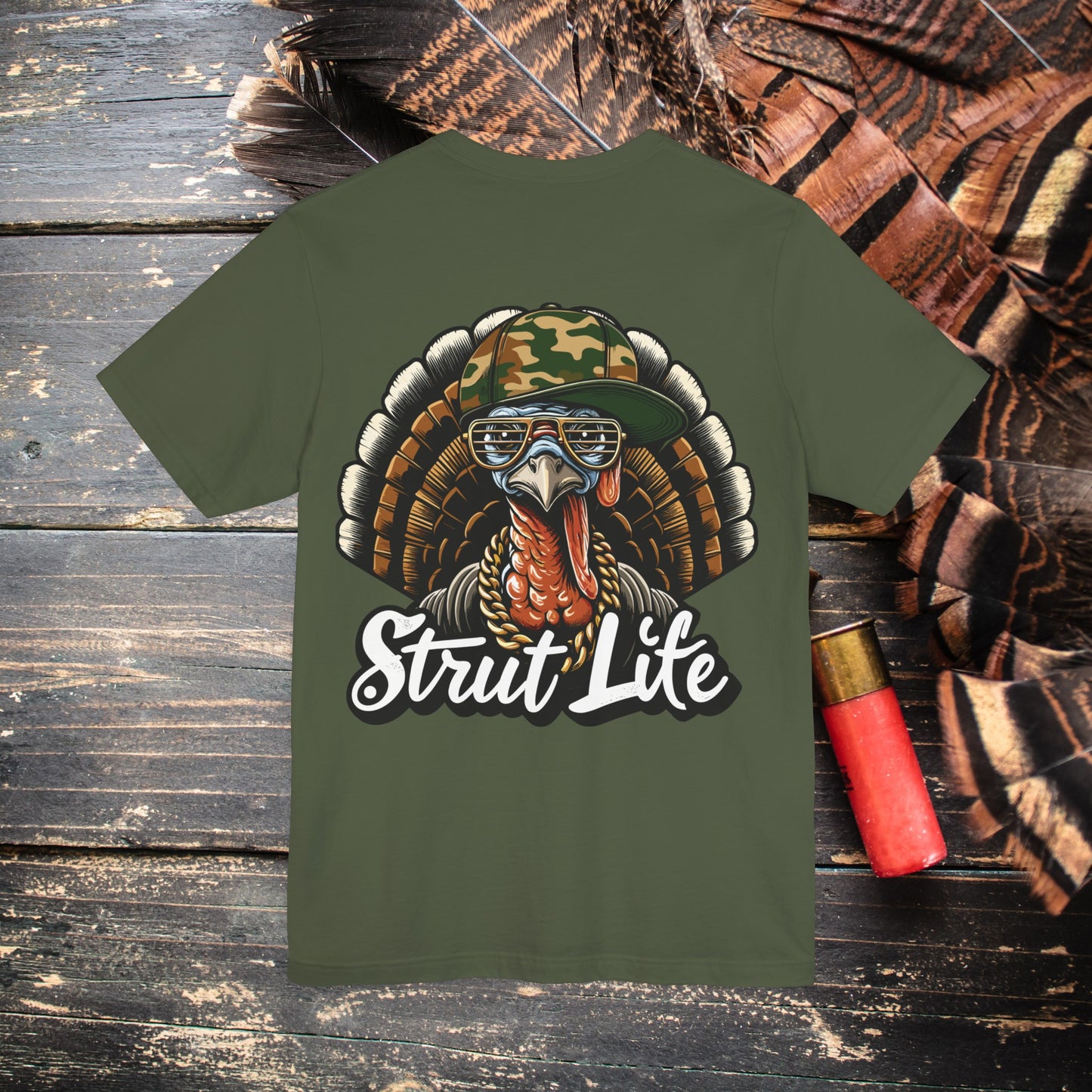 Turkey in Camo Hat and Gold Chain Strut Life Men's Bella Canvas Short Sleeve Tee