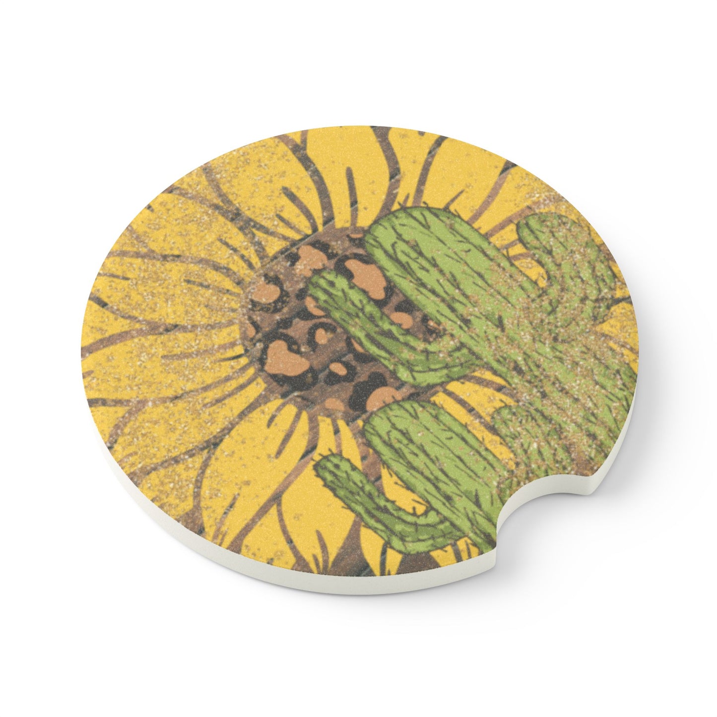 Sunflower Cactus Design Ceramic Car Coasters - 2 Pack