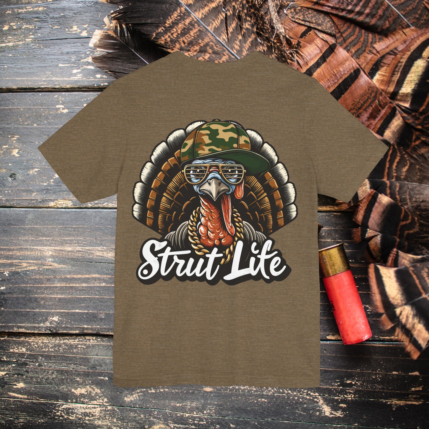 Turkey in Camo Hat and Gold Chain Strut Life Men's Bella Canvas Short Sleeve Tee