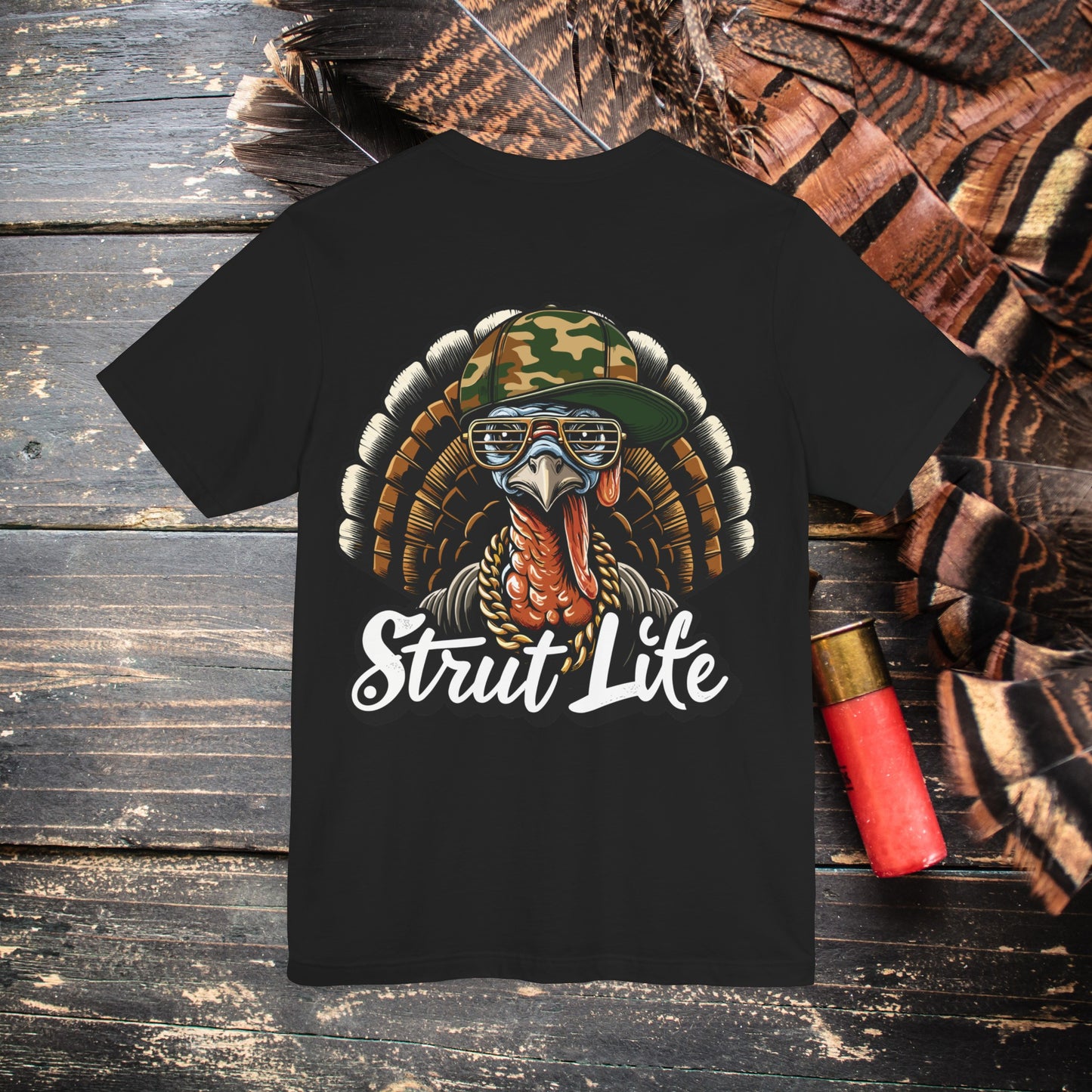 Turkey in Camo Hat and Gold Chain Strut Life Men's Bella Canvas Short Sleeve Tee