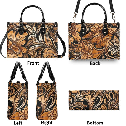 Tooled Leather Theme Western Floral PU Leather Handbag