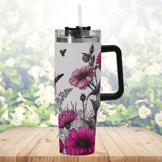 Bloomin’ Butterflies 40oz Stainless Steel Tumbler with Handle and Straw