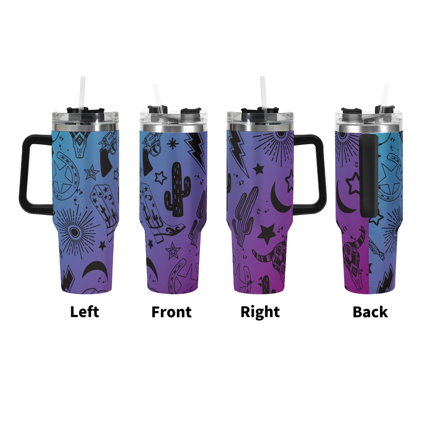 Purple & Blue Gradient Western 40oz Stainless Steel Tumbler With Handle and Straw