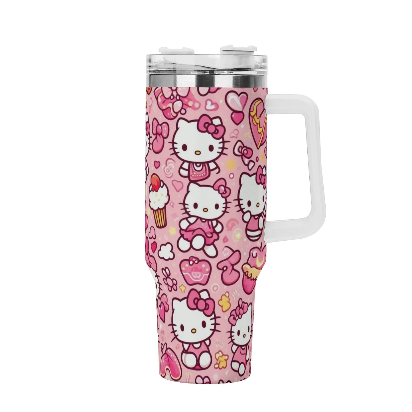 Pink Hello Kitty Patterned 40oz Stainless Steel Tumbler With Handle and Straw