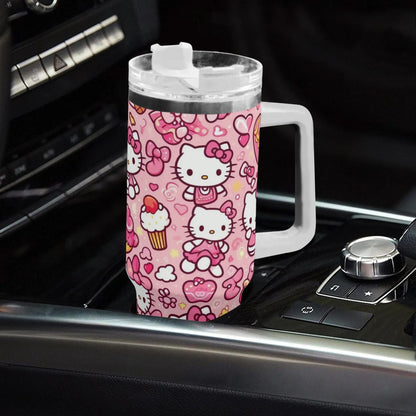 Pink Hello Kitty Patterned 40oz Stainless Steel Tumbler With Handle and Straw