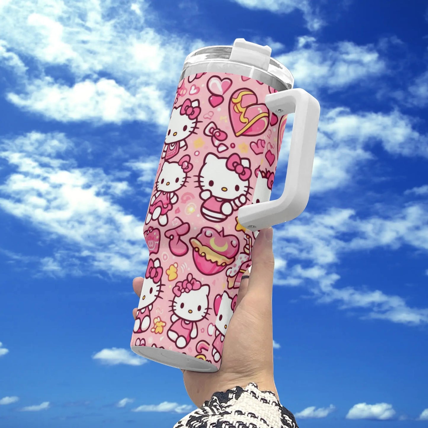 Pink Hello Kitty Patterned 40oz Stainless Steel Tumbler With Handle and Straw