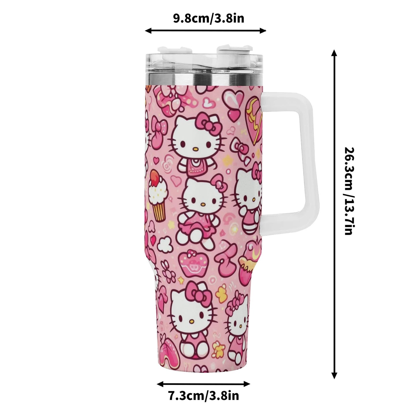 Pink Hello Kitty Patterned 40oz Stainless Steel Tumbler With Handle and Straw