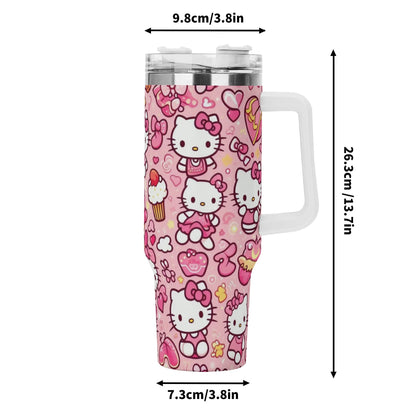 Pink Hello Kitty Patterned 40oz Stainless Steel Tumbler With Handle and Straw