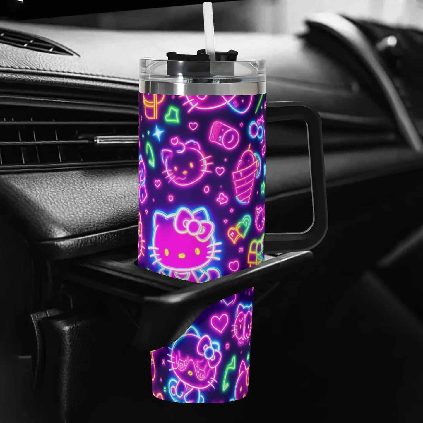 Neon Pattern Hello Kitty 40oz Stainless Steel Tumbler  With Handle and Straw