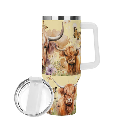 Highland Cow Floral 40oz Stainless Steel Tumbler With Handle and Straw