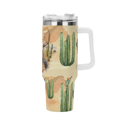 Western Bull Skull & Cactus  40oz Stainless Steel Tumbler With Handle and Straw