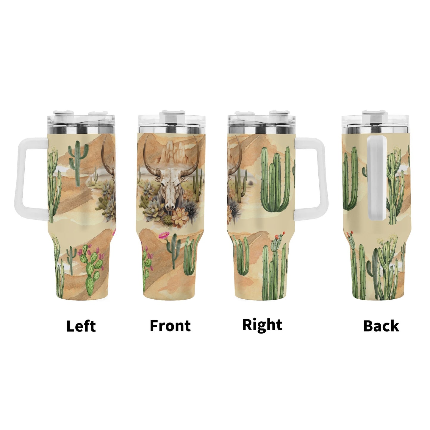 Western Bull Skull & Cactus  40oz Stainless Steel Tumbler With Handle and Straw