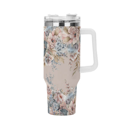 Beautiful Floral Design 40oz Stainless Steel Tumbler With Handle and Straw