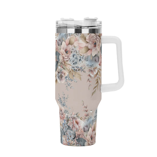 Beautiful Floral Design 40oz Stainless Steel Tumbler With Handle and Straw