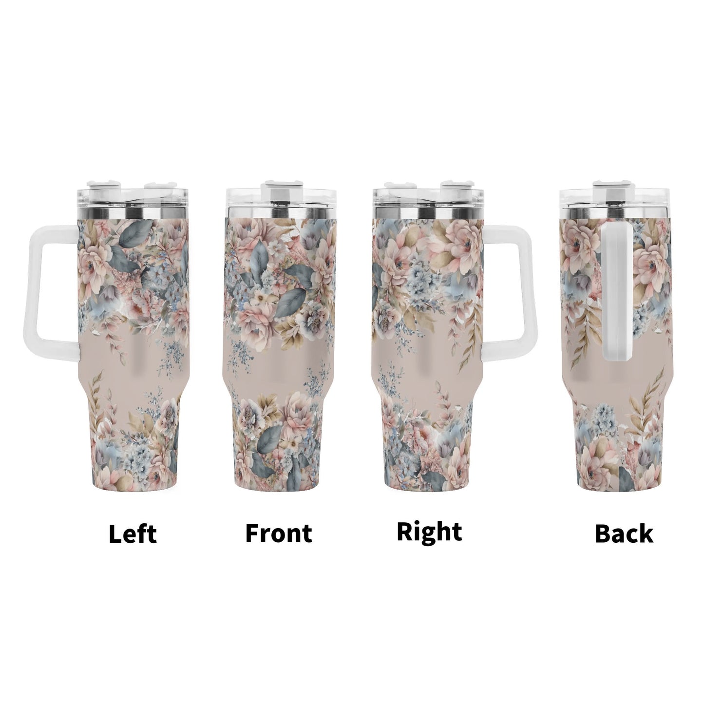 Beautiful Floral Design 40oz Stainless Steel Tumbler With Handle and Straw