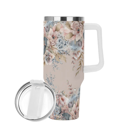 Beautiful Floral Design 40oz Stainless Steel Tumbler With Handle and Straw