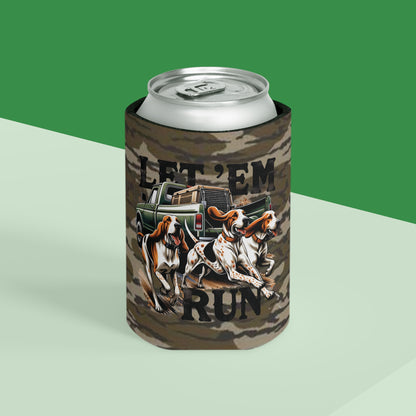 Let ‘Em Run Dog Hunting Bottomland Camo Regular or Slim Can Koozie