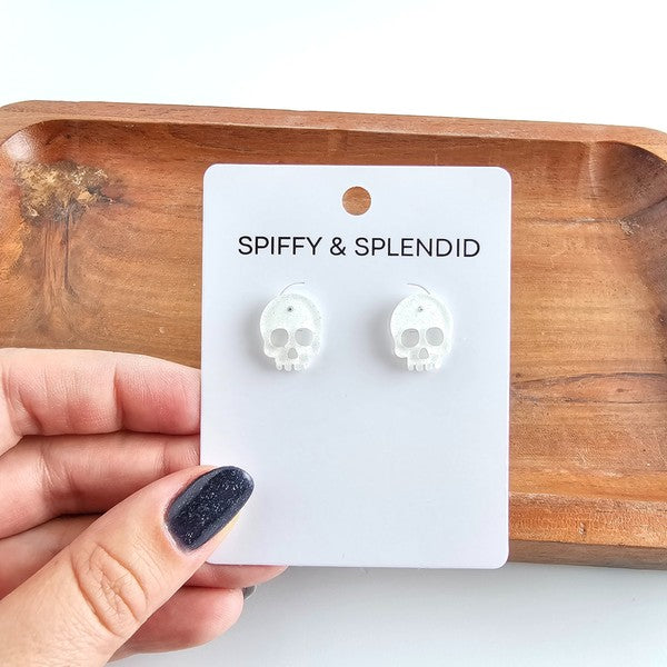 White Glitter Skull Stud Earrings