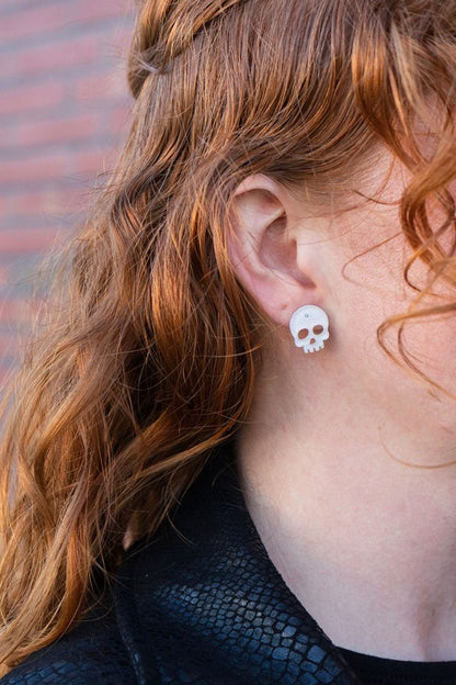 White Glitter Skull Stud Earrings