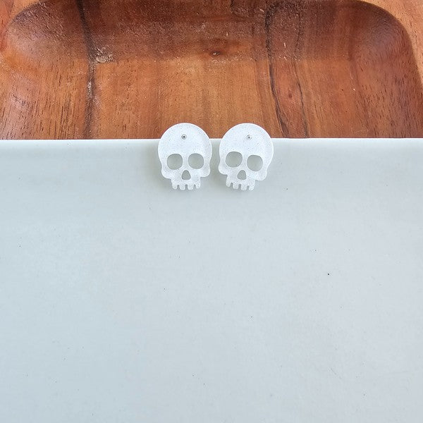 White Glitter Skull Stud Earrings