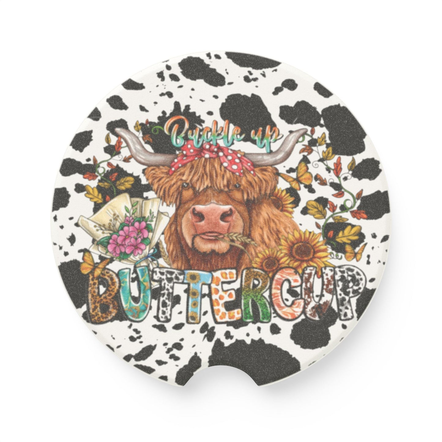 Buckle Up Buttercup Highland Cow Ceramic Car Coasters - 2 Pack