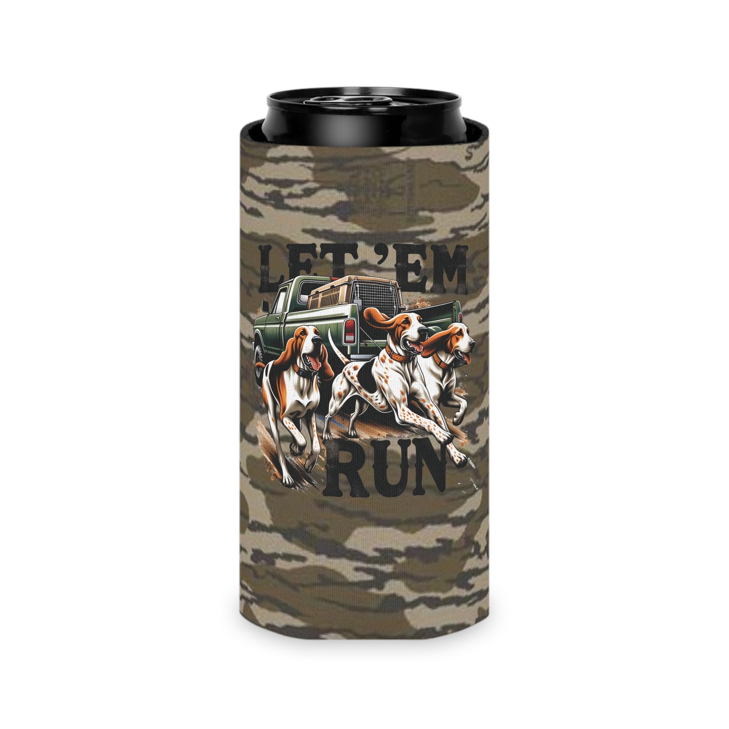 Let ‘Em Run Dog Hunting Bottomland Camo Regular or Slim Can Koozie