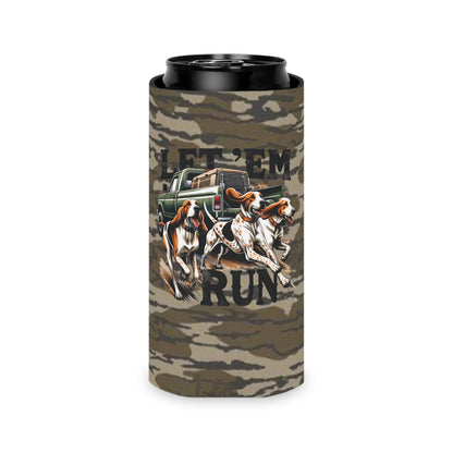 Let ‘Em Run Dog Hunting Bottomland Camo Regular or Slim Can Koozie