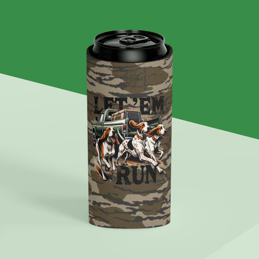 Let ‘Em Run Dog Hunting Bottomland Camo Regular or Slim Can Koozie