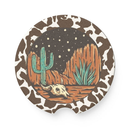 Western Desert Cow Print Ceramic Car Coasters - 2 Pack