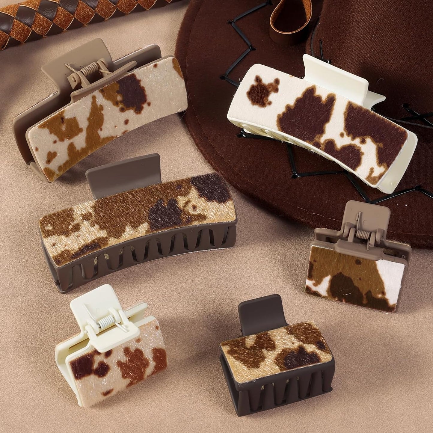 Western Cowhide Square Hair Claw Clips for Women *Sold in sets of 6*