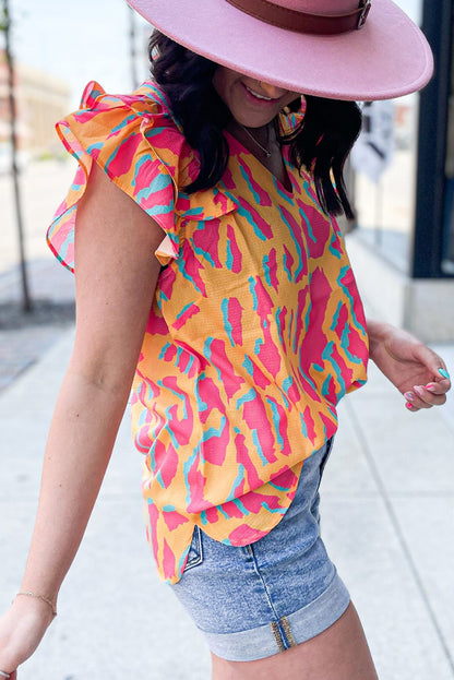 Orange Abstract Print V Neck Ruffled Sleeve Blouse