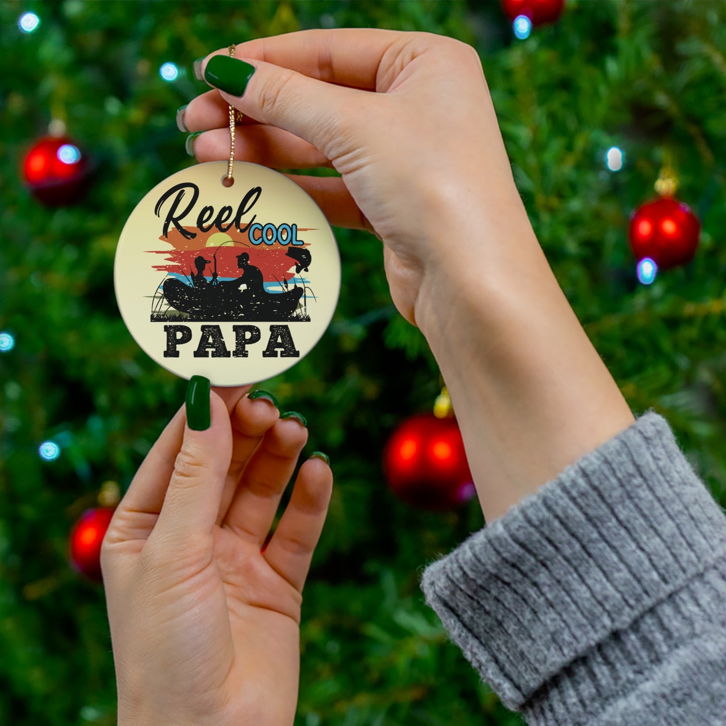 Reel Cool Papa Fishing Theme Ceramic Christmas Ornament