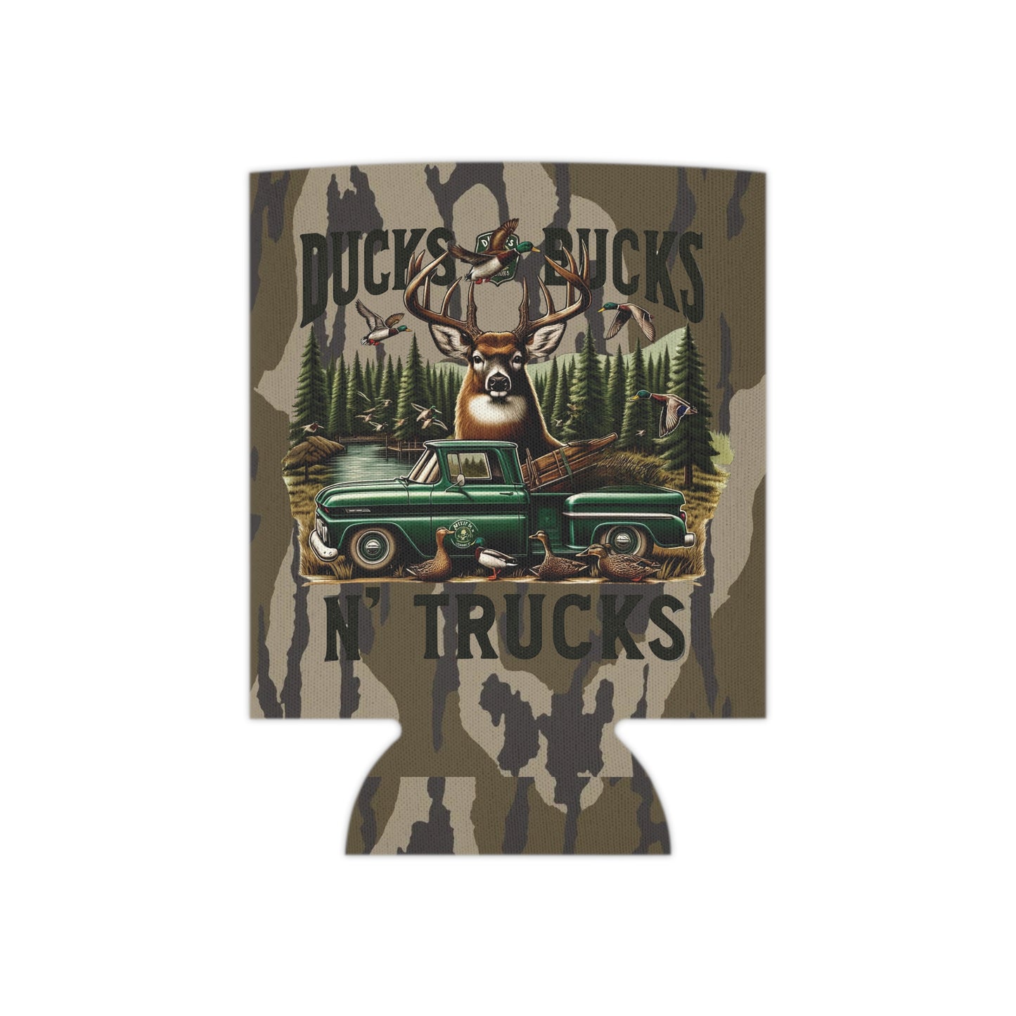 Ducks, Bucks & Trucks Bottomland Camo Can Koozie