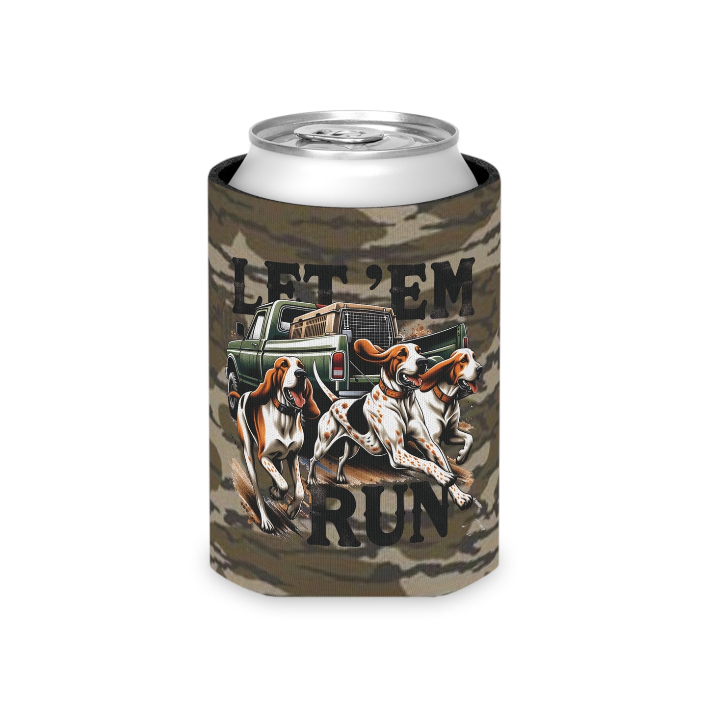 Let ‘Em Run Dog Hunting Bottomland Camo Regular or Slim Can Koozie