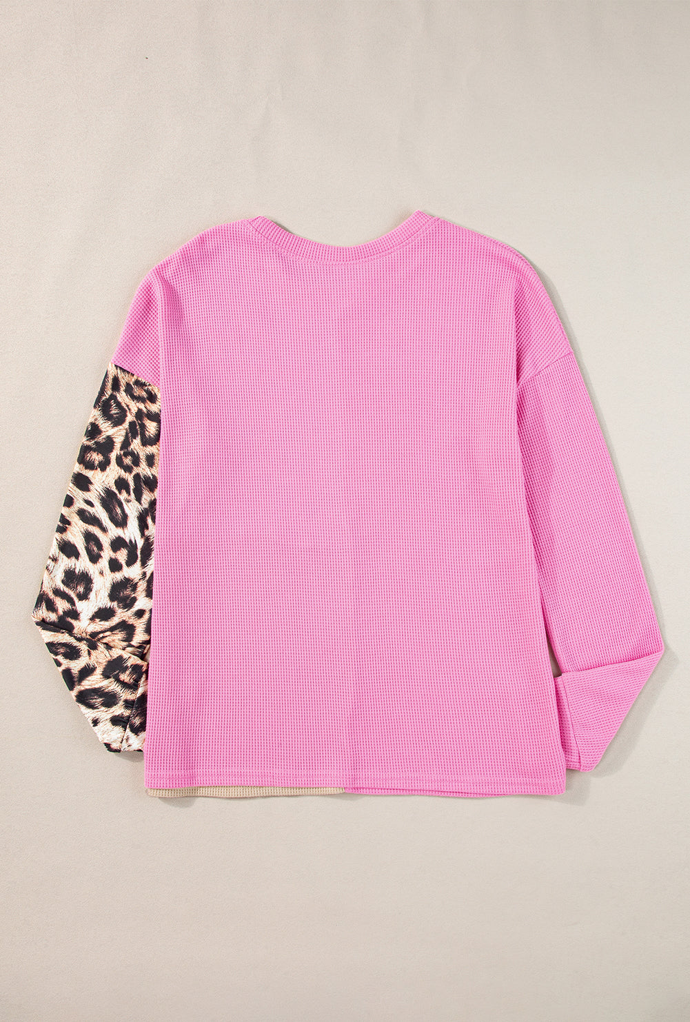 Pale Khaki Leopard Colorblock Waffle Knit Top