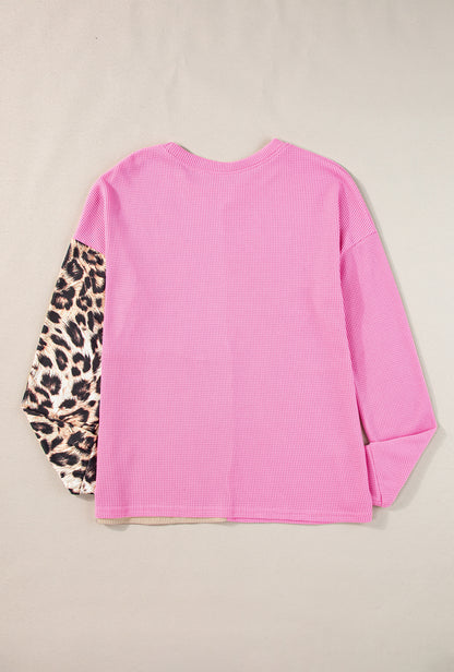 Pale Khaki Leopard Colorblock Waffle Knit Top