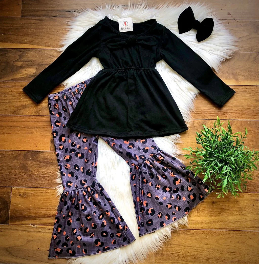 Youth Black & Grey Leopard Pants Set by Wellie Kate