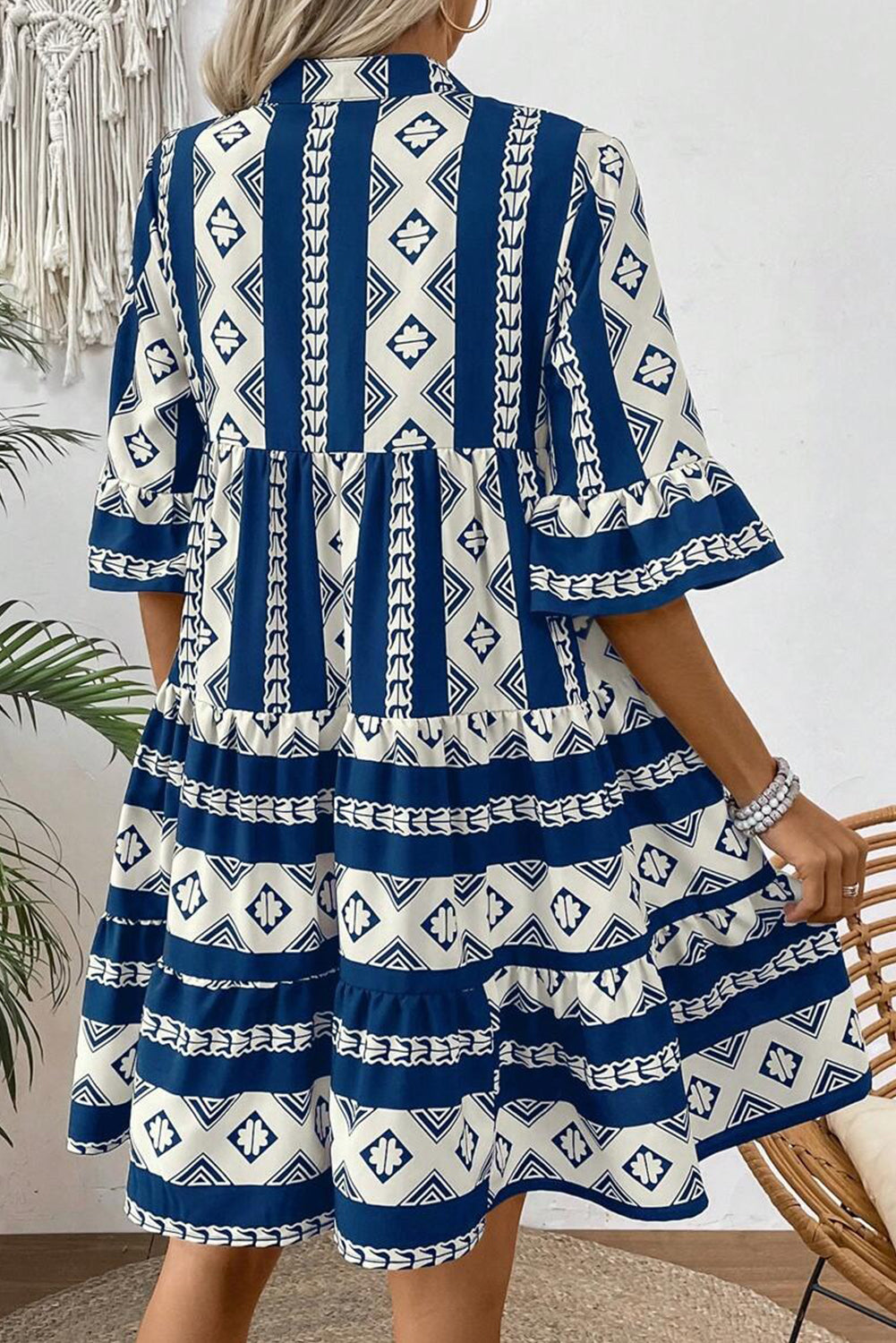 Blue Geometric Print V Neck Ruffled Dress