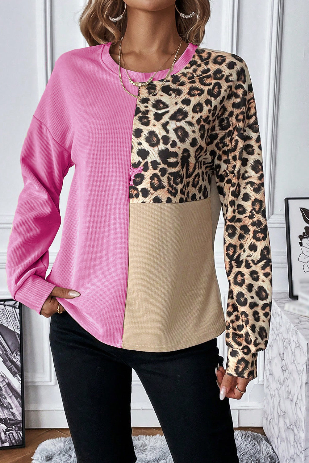 Pale Khaki Leopard Colorblock Waffle Knit Top