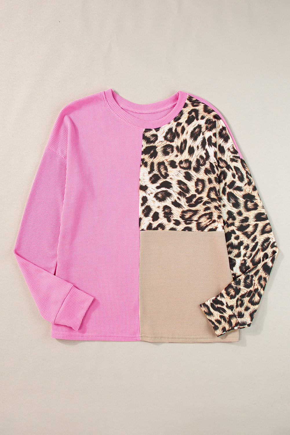 Pale Khaki Leopard Colorblock Waffle Knit Top