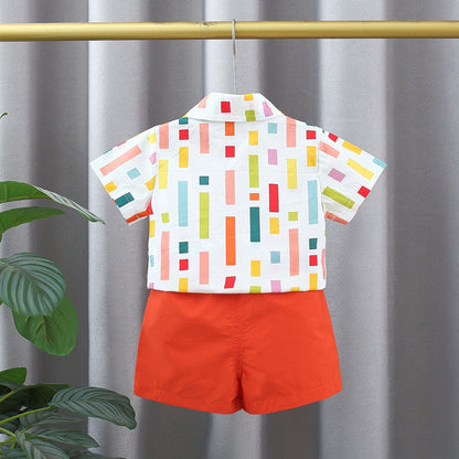 Toddler Boys Colorful Striped Collar Short-Sleeve Shirt & Orange Shorts Outfit Set