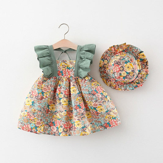 Baby Girl Flowered Butterfly Sleeve Dress With Matching Hat