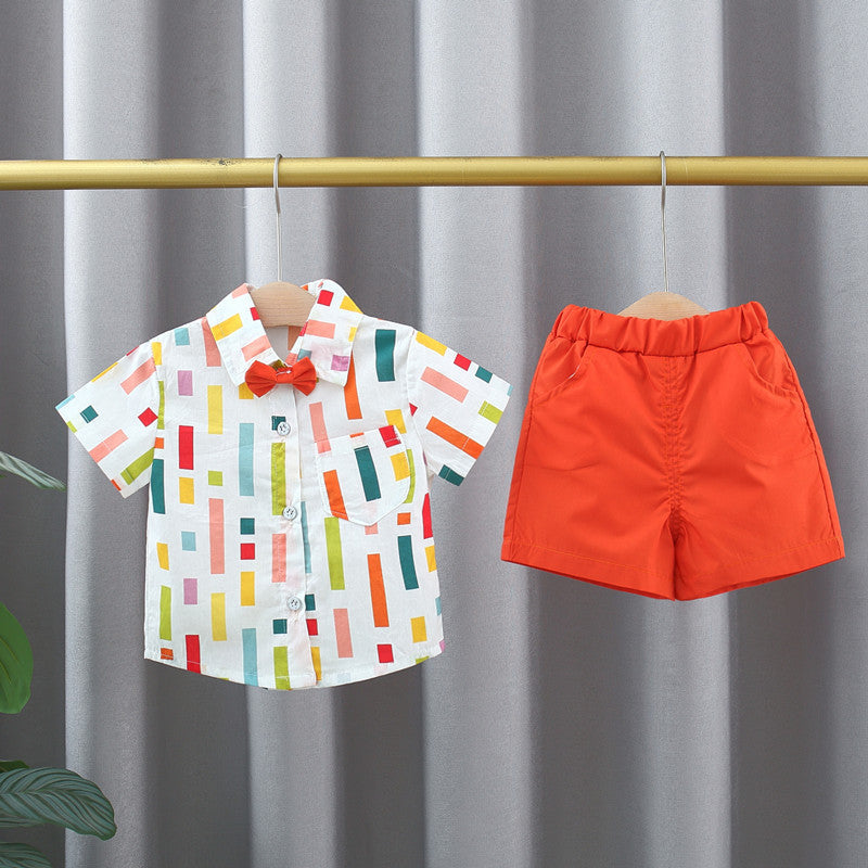 Toddler Boys Colorful Striped Collar Short-Sleeve Shirt & Orange Shorts Outfit Set