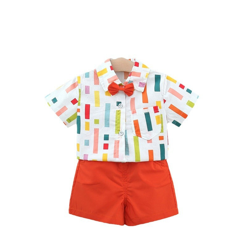 Toddler Boys Colorful Striped Collar Short-Sleeve Shirt & Orange Shorts Outfit Set