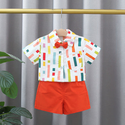 Toddler Boys Colorful Striped Collar Short-Sleeve Shirt & Orange Shorts Outfit Set