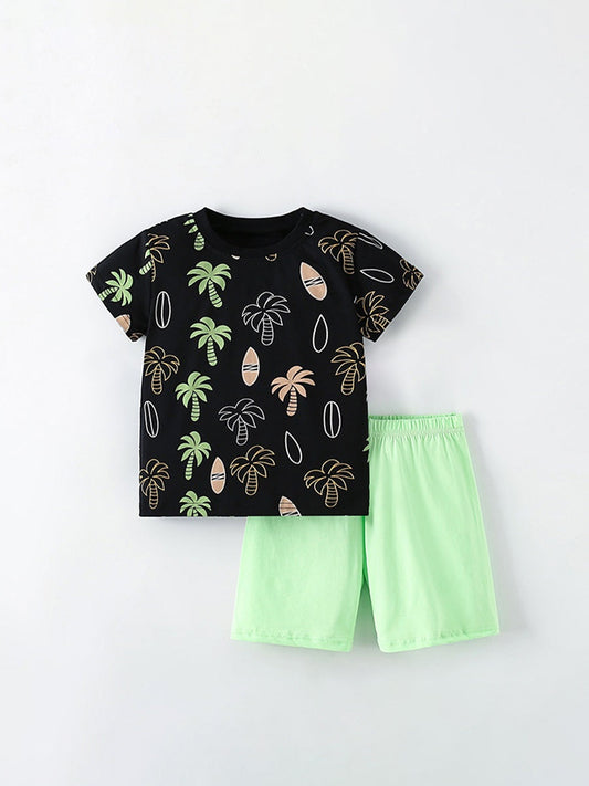 Toddler & Children's Unisex Summer Tropical Coconut Tree Tee Shirt & Shorts Outfit Set