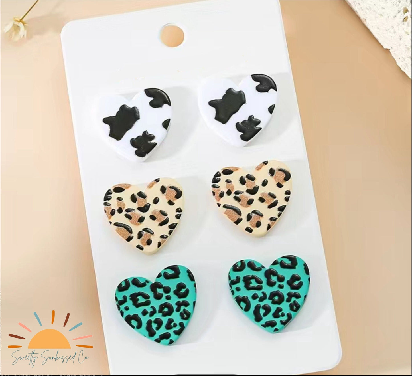 Heart Acrylic Stud Earrings Cow or Leopard (Multiple Styles)