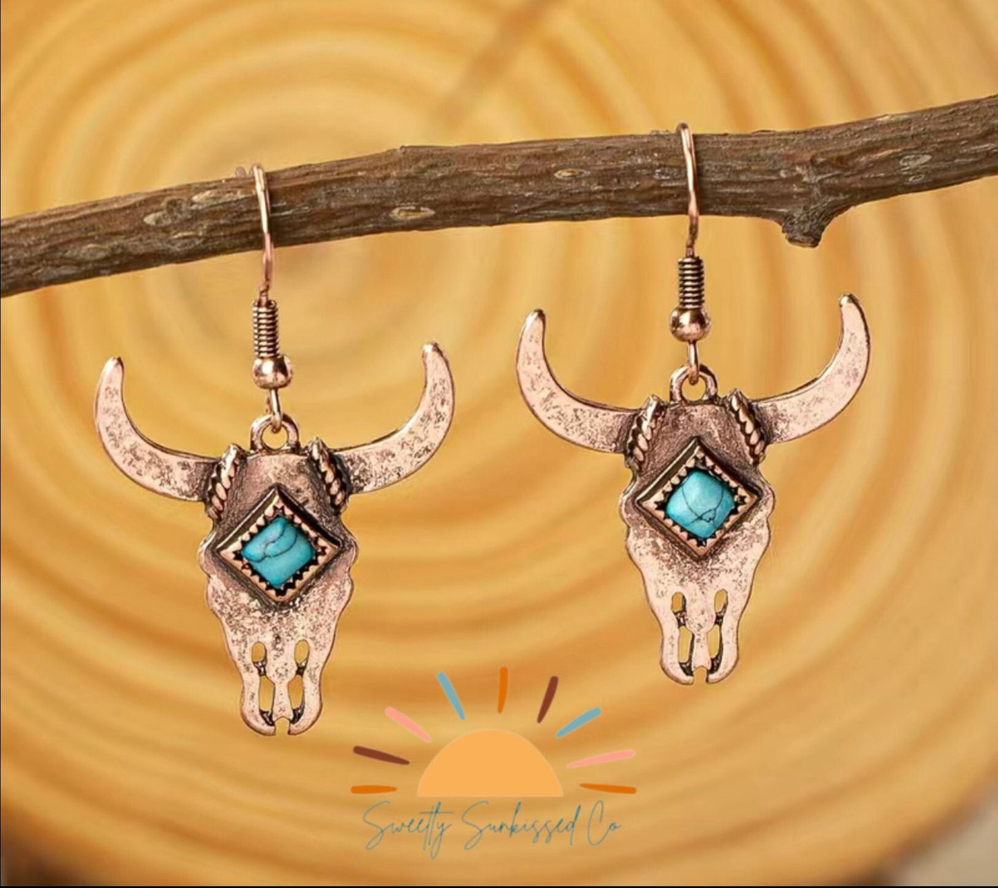 Western Style Cow Skull Bronze Turquoise Dangle Earrings