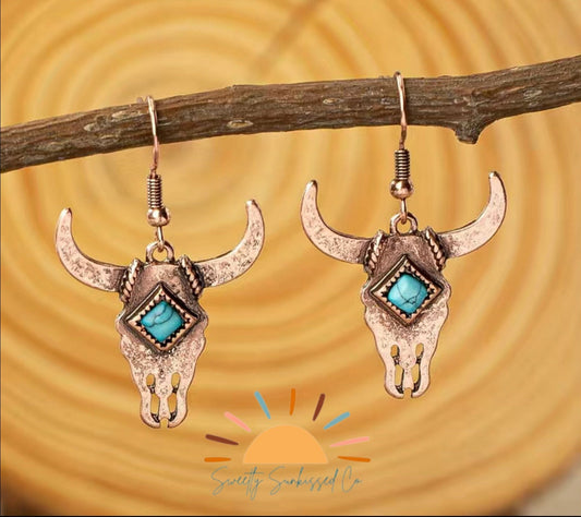 Western Style Cow Skull Bronze Turquoise Dangle Earrings